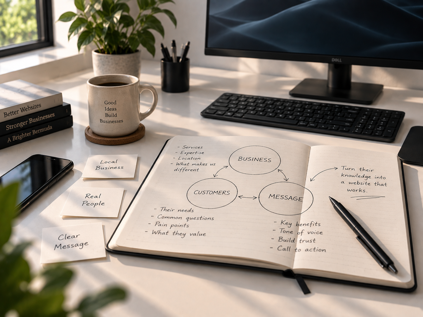 Notebook sketch mapping business, customers and message before writing website copy